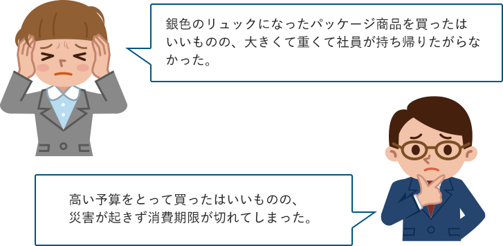 銀色のリュックになったパッケージ商品を 買ったはいいものの、大きくて重くて 社員が持ち帰りたがらなかった。　高い予算をとって買ったはいいものの、 災害が起きず消費期限が切れてしまった。